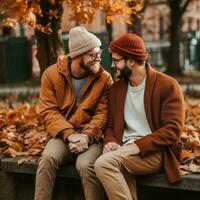 liebend homosexuell Paar ist genießen ein romantisch Herbst Tag ai generativ foto