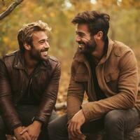 liebend homosexuell Paar ist genießen ein romantisch Herbst Tag ai generativ foto