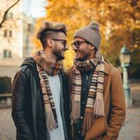 liebend homosexuell Paar ist genießen ein romantisch Herbst Tag ai generativ foto