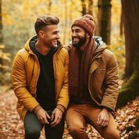 liebend homosexuell Paar ist genießen ein romantisch Herbst Tag ai generativ foto