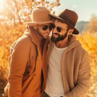 liebend homosexuell Paar ist genießen ein romantisch Herbst Tag ai generativ foto