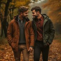 liebend homosexuell Paar ist genießen ein romantisch Herbst Tag ai generativ foto