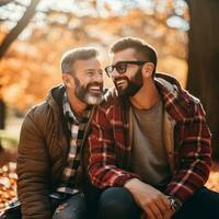 liebend homosexuell Paar ist genießen ein romantisch Herbst Tag ai generativ foto