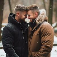 liebend homosexuell Paar ist genießen ein romantisch Winter Tag ai generativ foto