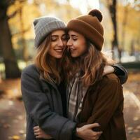 liebend homosexuell Frauen Paar ist genießen ein romantisch Herbst Tag ai generativ foto