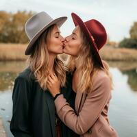 liebend homosexuell Frauen Paar ist genießen ein romantisch Herbst Tag ai generativ foto