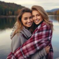 liebend homosexuell Frauen Paar ist genießen ein romantisch Herbst Tag ai generativ foto