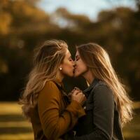 liebend homosexuell Frauen Paar ist genießen ein romantisch Herbst Tag ai generativ foto