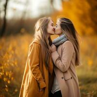 liebend homosexuell Frauen Paar ist genießen ein romantisch Herbst Tag ai generativ foto