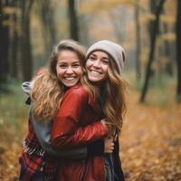 liebend homosexuell Frauen Paar ist genießen ein romantisch Herbst Tag ai generativ foto