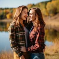 liebend homosexuell Frauen Paar ist genießen ein romantisch Herbst Tag ai generativ foto