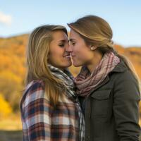 liebend homosexuell Frauen Paar ist genießen ein romantisch Herbst Tag ai generativ foto