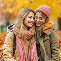 liebend homosexuell Frauen Paar ist genießen ein romantisch Herbst Tag ai generativ foto