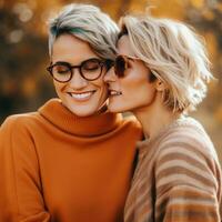 liebend homosexuell Frauen Paar ist genießen ein romantisch Herbst Tag ai generativ foto