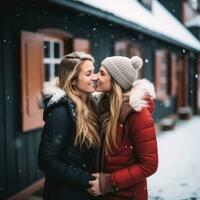 liebend homosexuell Frauen Paar ist genießen ein romantisch Winter Tag ai generativ foto