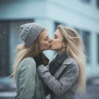 liebend homosexuell Frauen Paar ist genießen ein romantisch Winter Tag ai generativ foto