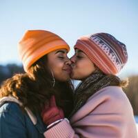 liebend homosexuell Frauen Paar ist genießen ein romantisch Winter Tag ai generativ foto