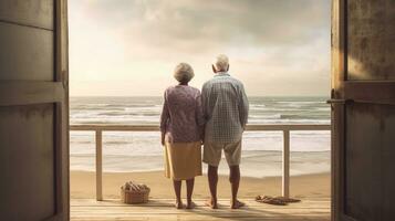 generativ ai, ein Senior Paar suchen zu das Ozean oder Meer, haben Spaß beim das Strand foto