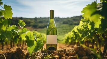 generativ ai, Weiß Wein Flasche spotten oben auf Weinberg Landschaft im das Sonnenschein, bewältigen Raum und Platz zum Logo foto