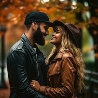 liebend interracial Paar ist genießen ein romantisch Herbst Tag ai generativ foto