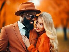 liebend interracial Paar ist genießen ein romantisch Herbst Tag ai generativ foto