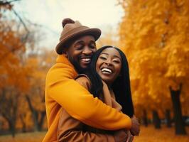 liebend interracial Paar ist genießen ein romantisch Herbst Tag ai generativ foto