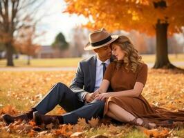 liebend interracial Paar ist genießen ein romantisch Herbst Tag ai generativ foto
