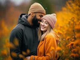 liebend interracial Paar ist genießen ein romantisch Herbst Tag ai generativ foto