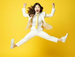 40 Jahr alt asiatisch Frau im emotional dynamisch Pose auf solide Hintergrund ai generativ foto