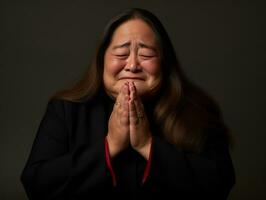 50 Jahr alt asiatisch Frau im emotional dynamisch Pose auf solide Hintergrund ai generativ foto