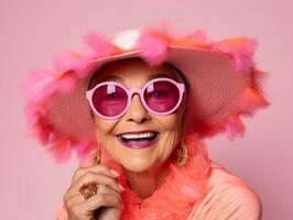 50 Jahr alt Mexikaner Frau im emotional dynamisch Pose auf solide Hintergrund ai generativ foto