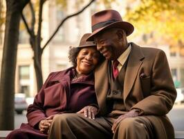 liebend alt afrikanisch amerikanisch Paar ist genießen ein romantisch Herbst Tag ai generativ foto