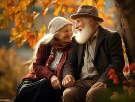 liebend alt Paar ist genießen ein romantisch Herbst Tag ai generativ foto