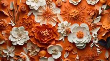 generativ ai, Papier Schnitt Kunst Blumen und Blätter, Aprikose zerquetschen Orange Farbe, Origami texturiert Hintergrund, Frühling Stimmung. Blumen- Rahmen Layout. foto