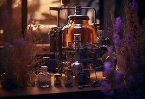 generativ ai, wesentlich Öl Extraktion mit Brennerei Maschine mit Lavendel Blumen foto