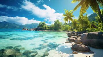 generativ ai, schön Strand von Seychellen, Ozean oder Meer Landschaft, Ferien auf Paradies. tropisch Inseln foto