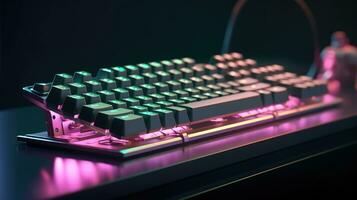 Computer Spielen Tastatur mit Neon- Beleuchtung auf ein Innere Spielen Zimmer Hintergrund foto