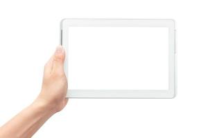 Hand hält Tablet-Computer auf weißem Hintergrund mit Beschneidungspfad foto