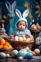 ai generativ glücklich Ostern Kind Mädchen mit Hase Ohren und Eier foto
