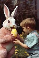 ai generativ glücklich Ostern glücklich komisch Kind Mädchen spielen mit Ostern Hase foto