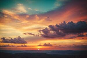 Hintergrund von bunt Himmel Konzept, dramatisch Sonnenuntergang mit Dämmerung Farbe Himmel und Wolken. ai generiert foto