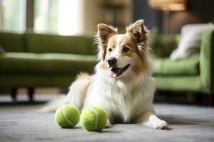 Hund nehmen aus seine Leine und spielen mit Grün Ball foto