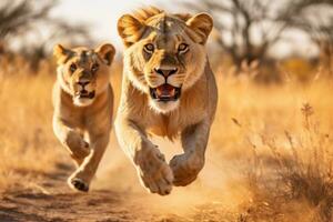 das Löwen Laufen wild im Vorderseite von ein natürlich Hintergrund foto