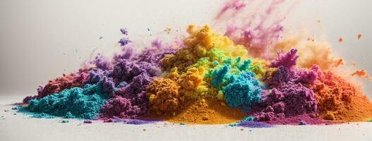 bunt Regenbogen holi Farbe Farbe Pulver Explosion isoliert Weiß breit Panorama Hintergrund. ai generiert foto