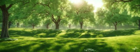 Frühling Natur. schön Landschaft. Grün Gras und Bäume. ai generiert foto