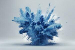 abstrakt Blau Staub Explosion auf Weiß Hintergrund. einfrieren Bewegung von Blau Pulver Spritzen. gemalt holi im Festival.. ai generiert foto