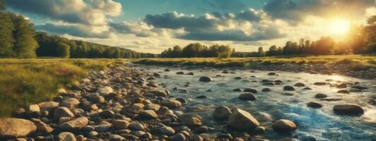 Wald Fluss mit Steine auf Ufer beim Sonnenuntergang. ai generiert foto