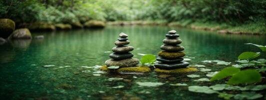 Zen Steine Pyramide auf Wasser Oberfläche, Grün. ai generiert foto