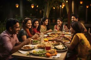 Gruppe von indisch Menschen haben Abendessen zusammen beim Zuhause generativ ai foto