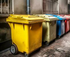 Müll Plastik Behälter auf das Stadt Straße, Müll dürfen. ökologisch Konzept. Sortierung Müll. ai generiert Illustration. foto